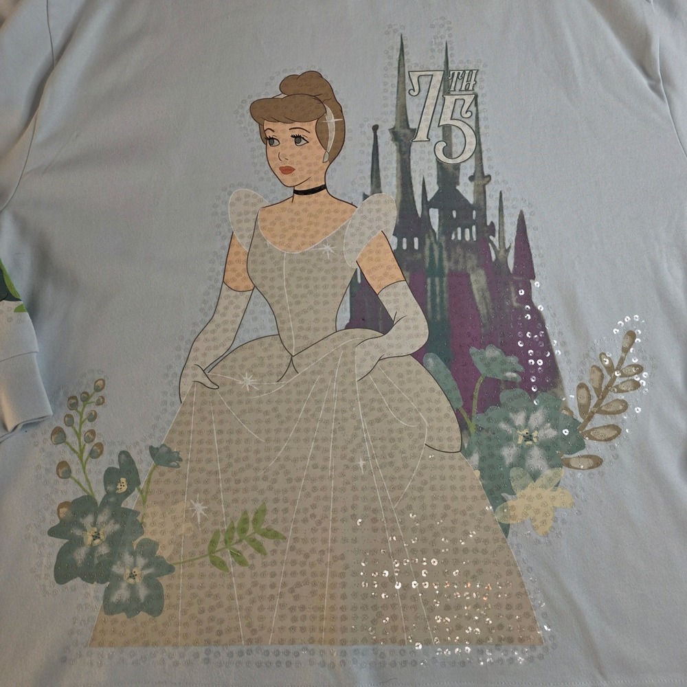 NWT Disney Cinderella 75th Anniversary Shirt Womens XL Blue Sequin Spirit Jersey - Picture 2 of 13